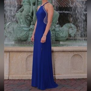 Morgan & Co. Royal Blue Halter Prom Gown with Rhinestone Accents